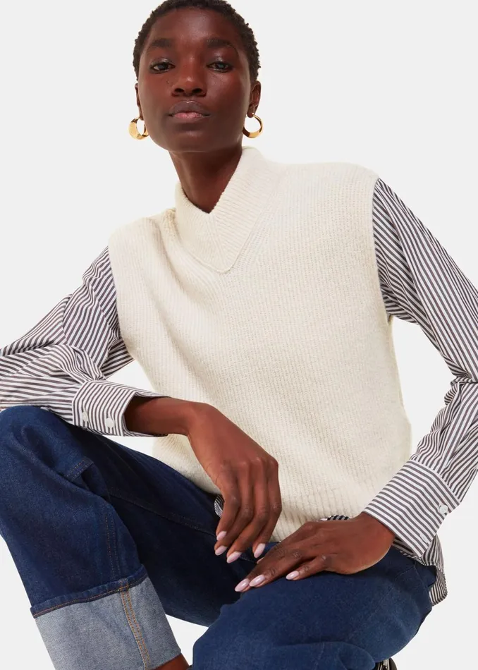 Women Knitwear and Cashmere Whistles Ivory High V Neck Wool Mix Tank