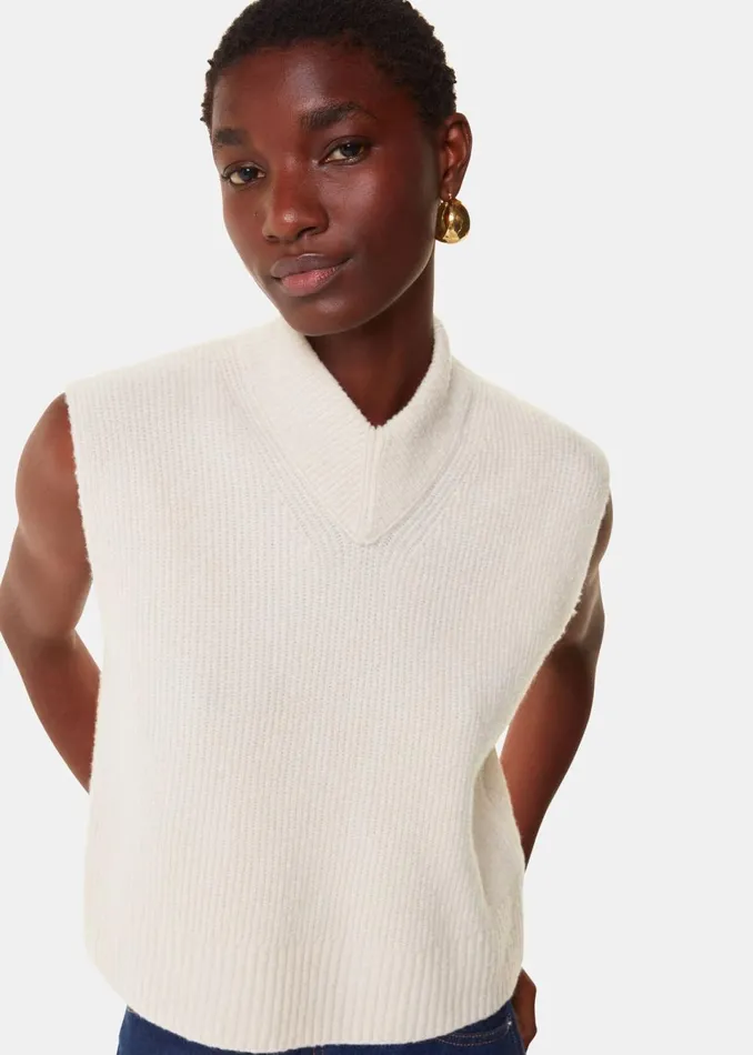 Women Knitwear and Cashmere Whistles Ivory High V Neck Wool Mix Tank