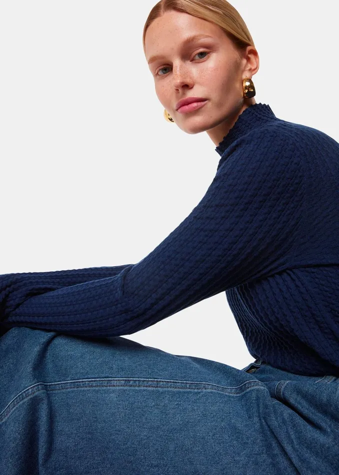 Women Knitwear and Cashmere Whistles Navy Textured Detail High Neck Knit