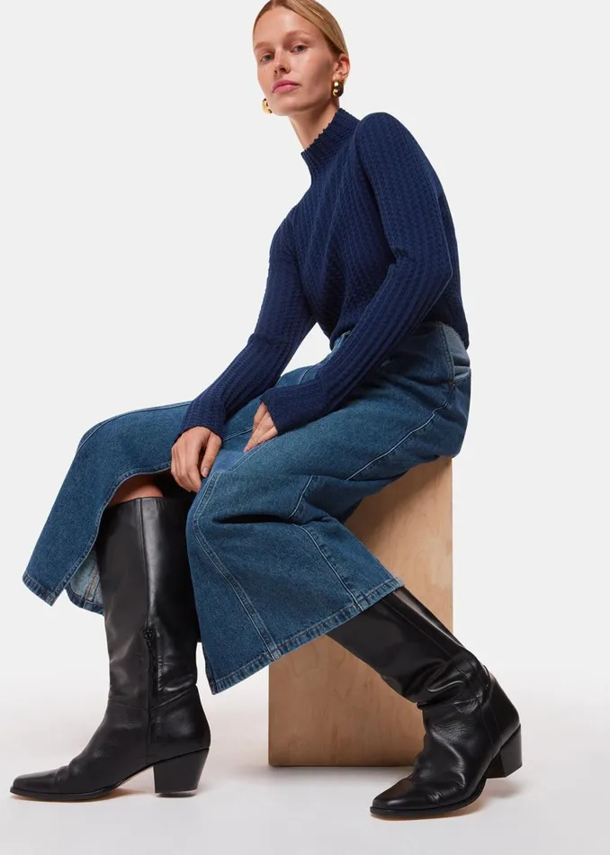 Women Knitwear and Cashmere Whistles Navy Textured Detail High Neck Knit