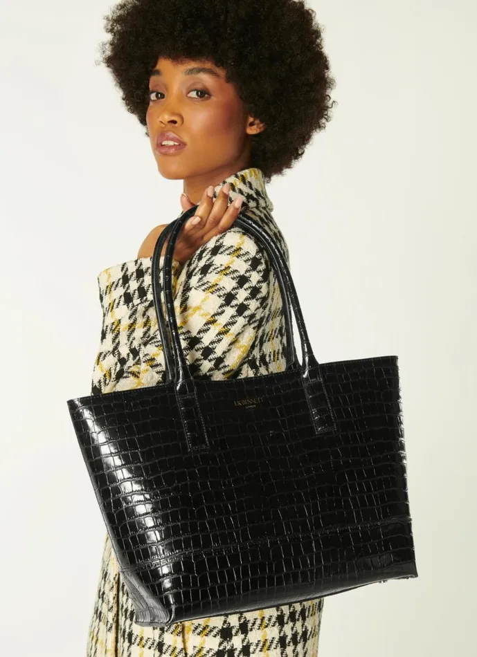 Women Lacey Black CrocEffect Leather Tote Bag LKBennett Tote Bags