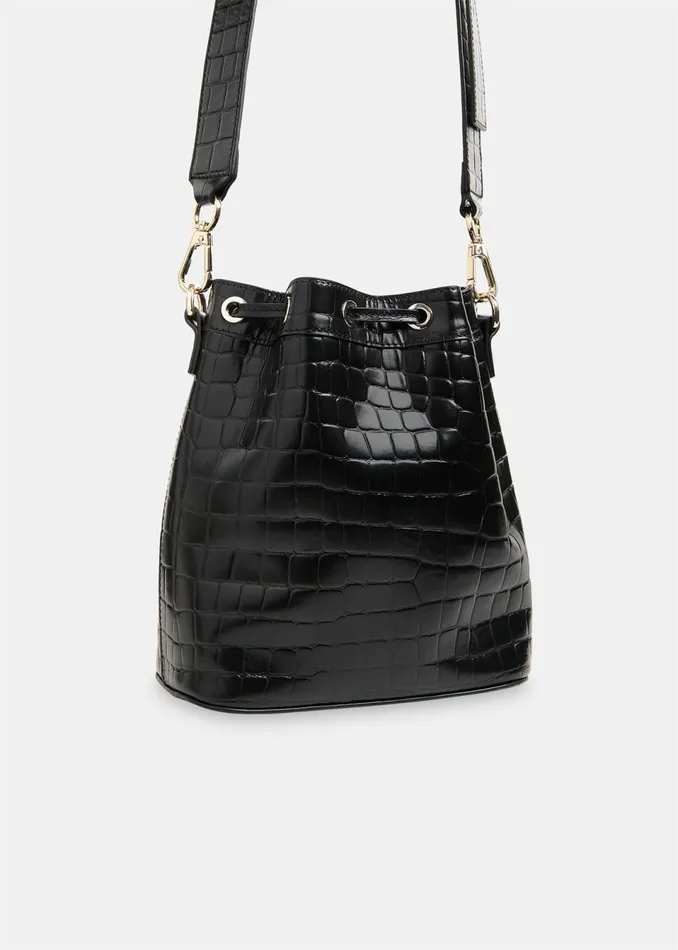 Women Leather Whistles Black Giulia Croc Bucket Bag