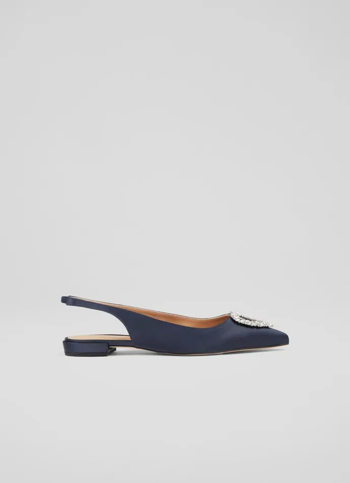 Women Luana Navy Satin Heart Brooch Slingback Flats Navy LKBennett Flats