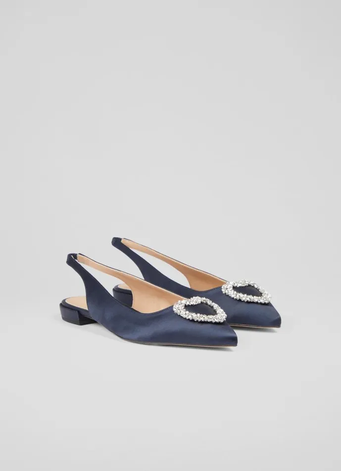 Women Luana Navy Satin Heart Brooch Slingback Flats Navy LKBennett Flats Women Luana Navy Satin Heart Brooch Slingback Flats Navy LKBennett Flats