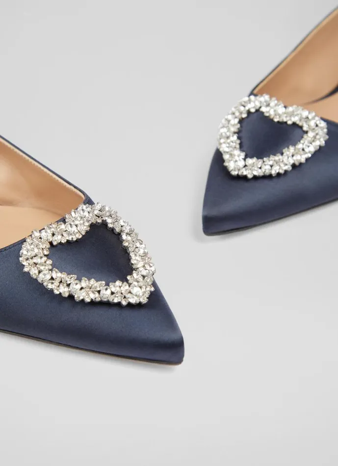 Women Luana Navy Satin Heart Brooch Slingback Flats Navy LKBennett Flats Women Luana Navy Satin Heart Brooch Slingback Flats Navy LKBennett Flats