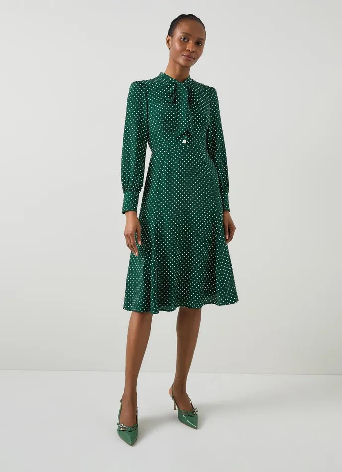 Women Mortimer Green and Cream Polka Dot Silk Dress Green LKBennett Dresses