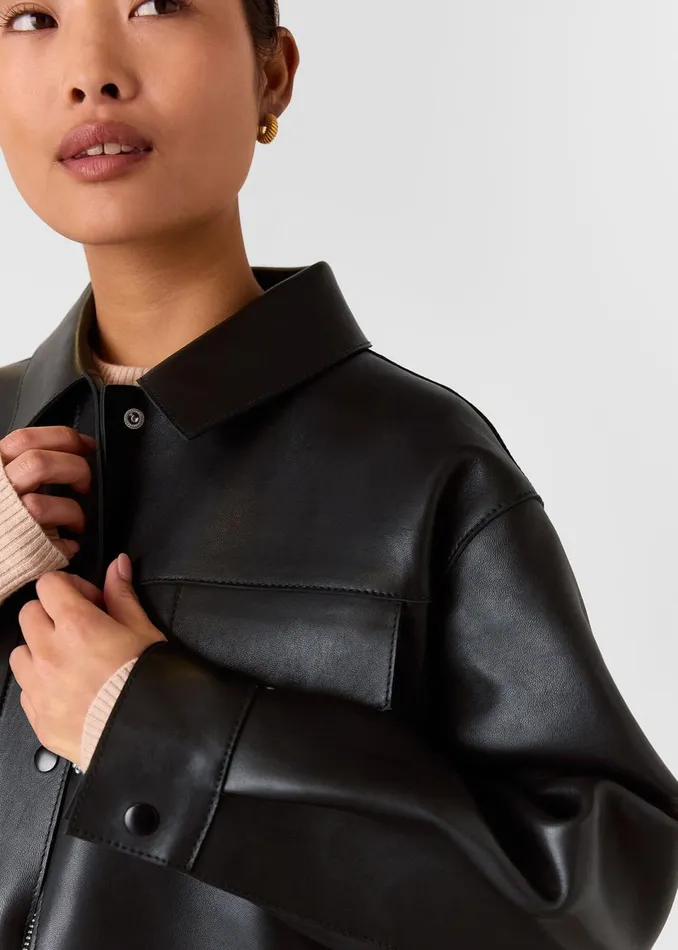 Women Petite Coats and Jackets Whistles Black Petite Clean Bonded Leather Jacket