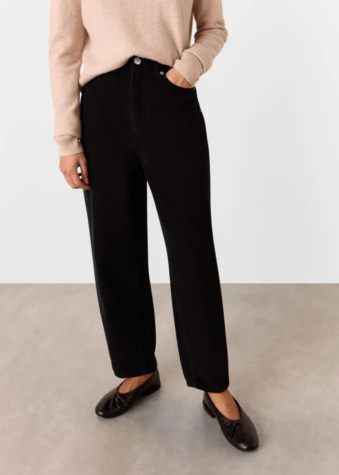 Women Petite Trousers and Jeans Whistles Black Petite High Waist Cord Barrel Jean