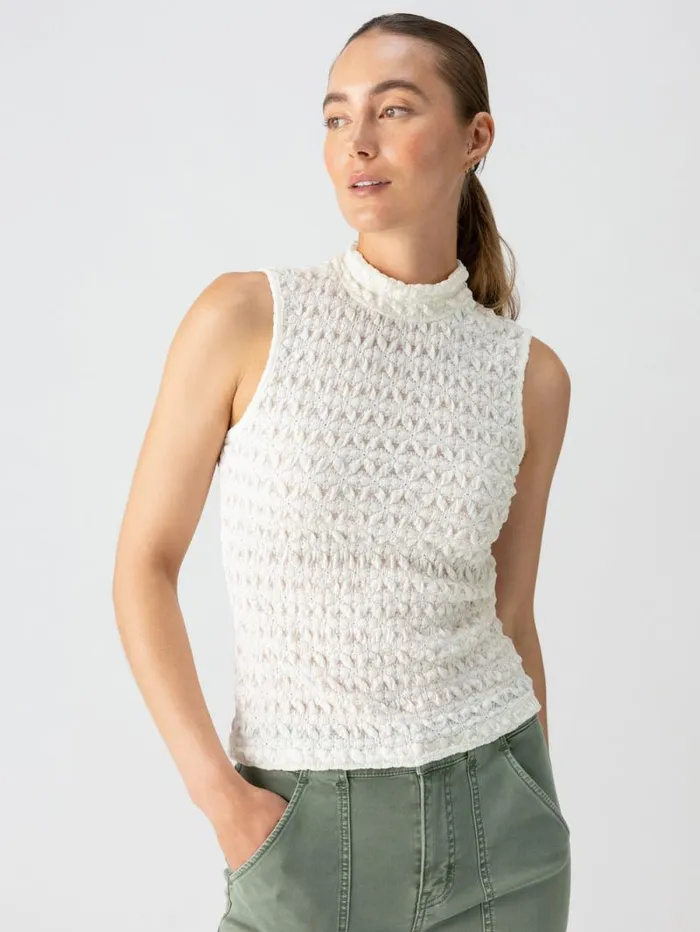 Women Pucker Up Lace Mock Neck Tank Milk Sanctuary Clothing Tees and Tops