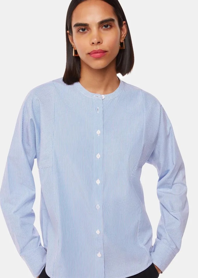 Women Shirts and Blouses Whistles Blue Stripe Grandad Collar Shirt