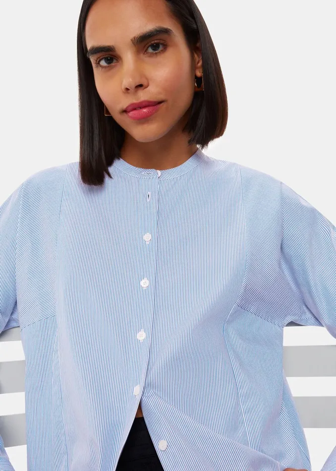 Women Shirts and Blouses Whistles Blue Stripe Grandad Collar Shirt