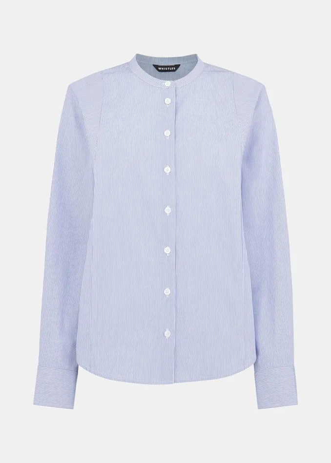 Women Shirts and Blouses Whistles Blue Stripe Grandad Collar Shirt
