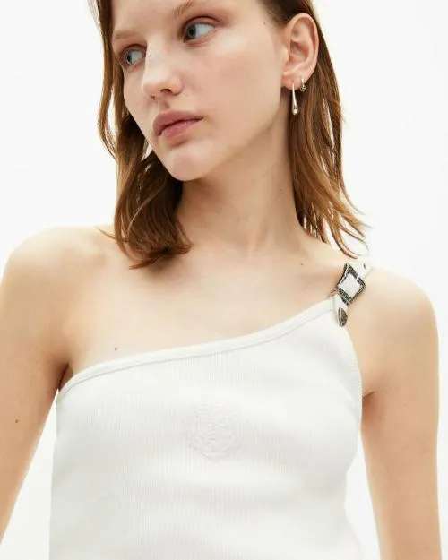 Women Shirts and Tops The Kooples Asymmetric Ecru Ribbed Tank Top Ecru