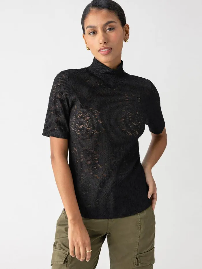 Women Short Sleeve Lace Mock Neck Tee Black Sanctuary Clothing Tees and Tops