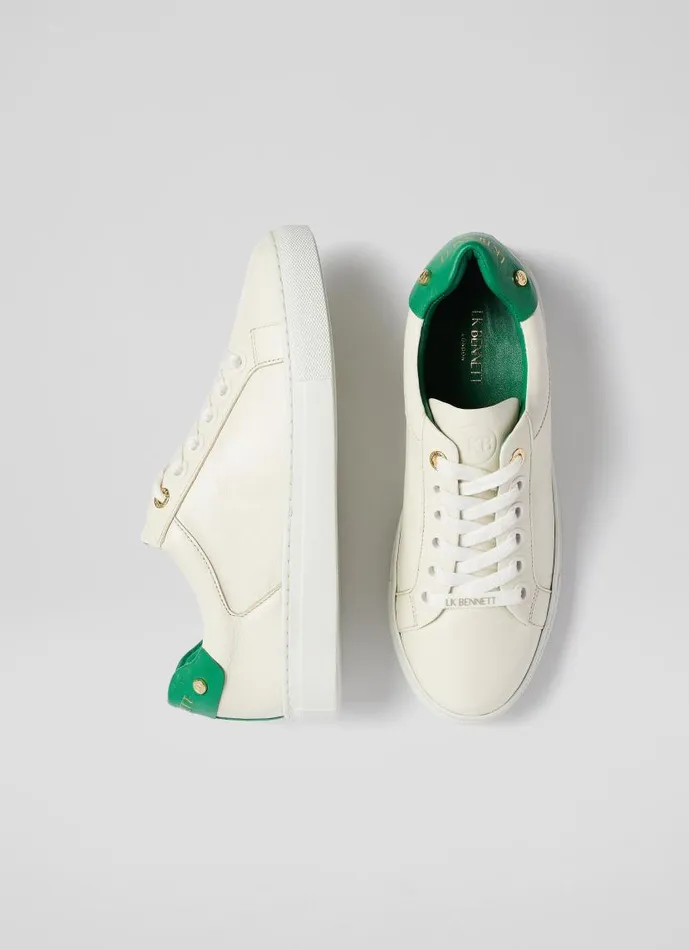 Women Signature Cream And Green Leather Trainers Green White LKBennett Flats