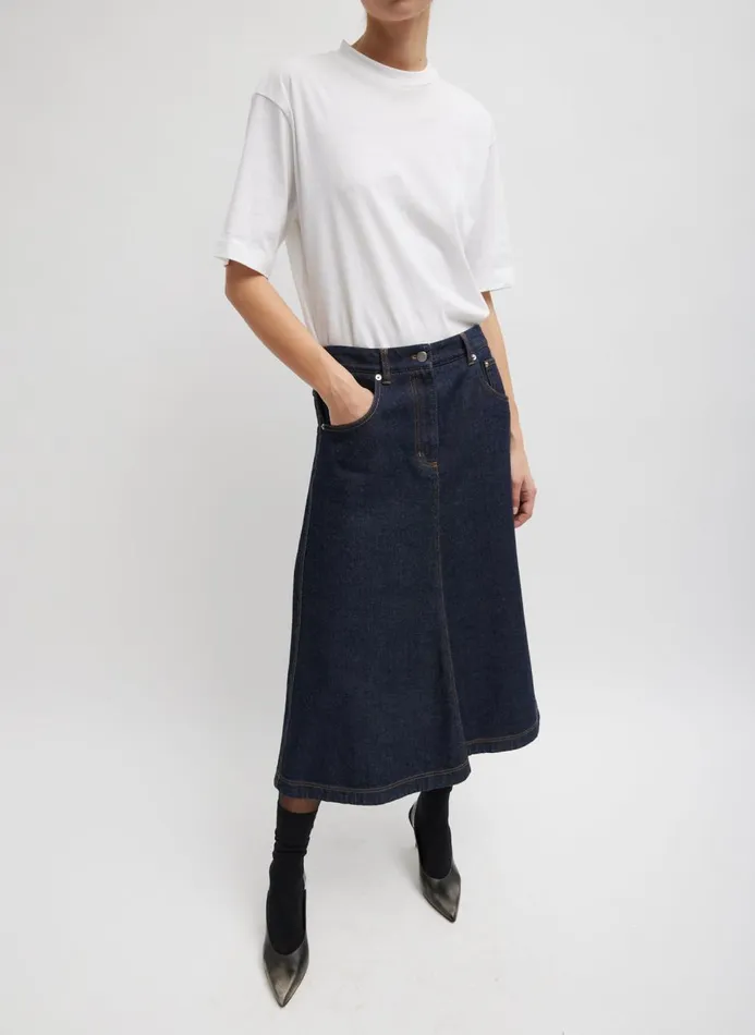 Women Skirts Tibi Indigo Denim Midi ALine Skirt Dark Denim