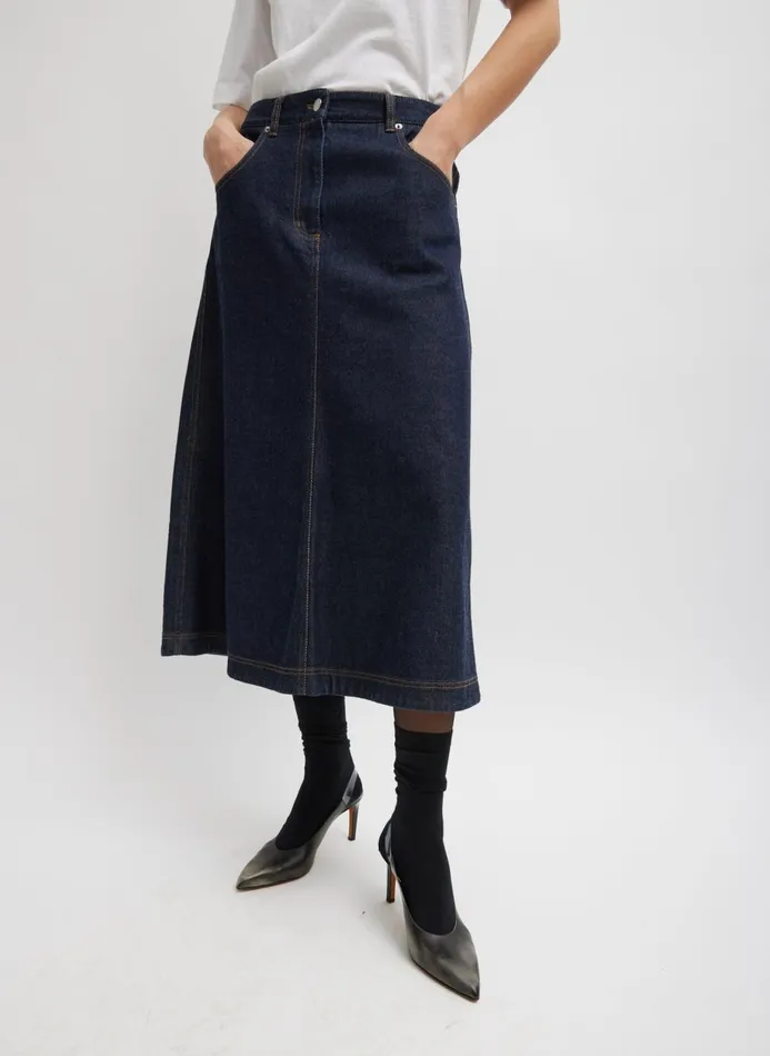 Women Skirts Tibi Indigo Denim Midi ALine Skirt Dark Denim