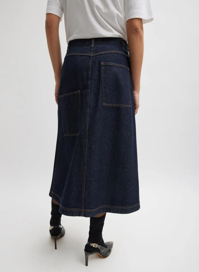 Women Skirts Tibi Indigo Denim Midi ALine Skirt Dark Denim