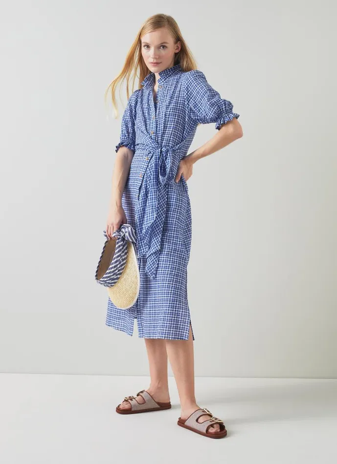 Women Soleil Blue Seersucker Check CottonRich Dress Blue White LKBennett Dresses