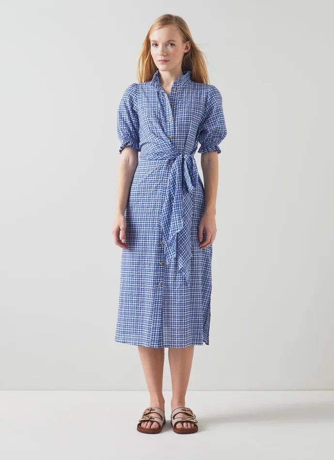 Women Soleil Blue Seersucker Check CottonRich Dress Blue White LKBennett Dresses