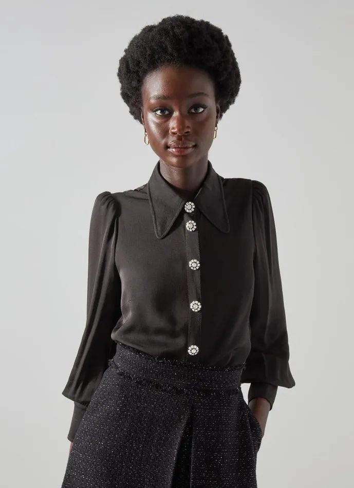 Women Sonya Black Crepe Crystal Button Blouse Black LKBennett Tops Women Sonya Black Crepe Crystal Button Blouse Black LKBennett Tops