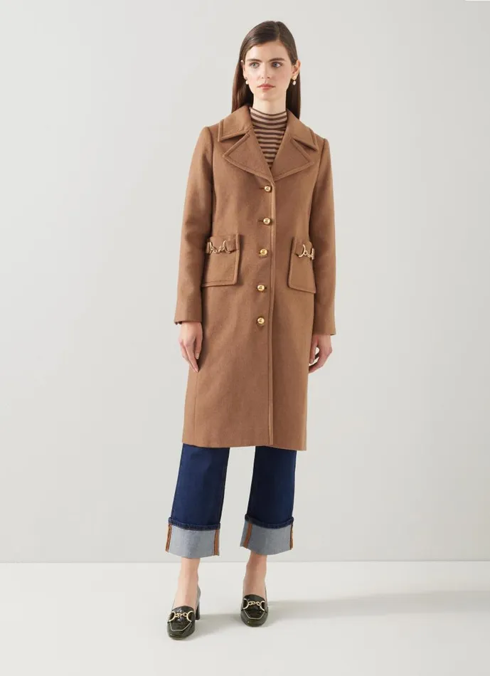 Women Spencer Camel Italian Recycled WoolBlend Snaffle Detail Coat Camel LKBennett Coats and Jackets