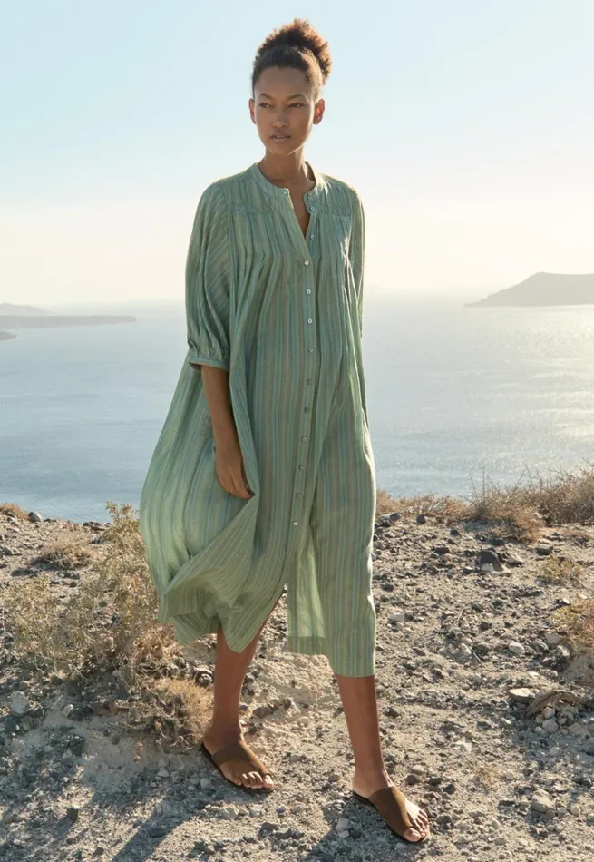 Women Striped Maxilength Dress Pine Green Poetry Fashion Dresses and Skirts