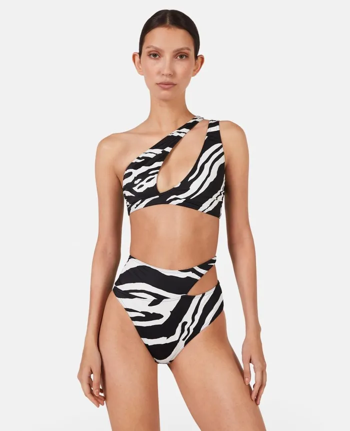 Women Swimwear Stella McCartney Zebra Print CutOut HighWaisted Bikini Briefs Blackivory