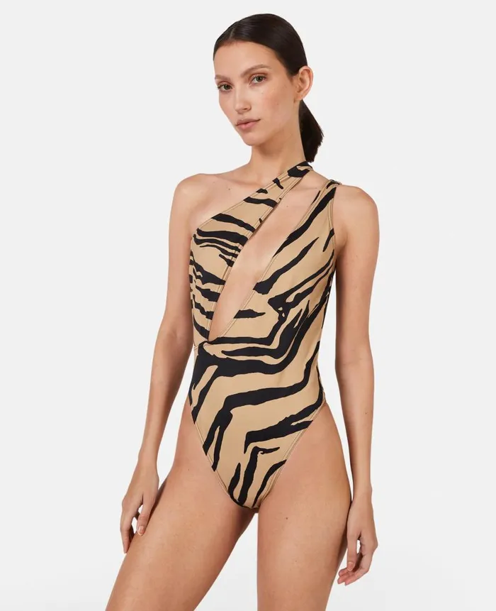 Women Swimwear Stella McCartney Zebra Print CutOut Swimsuit Camelblack