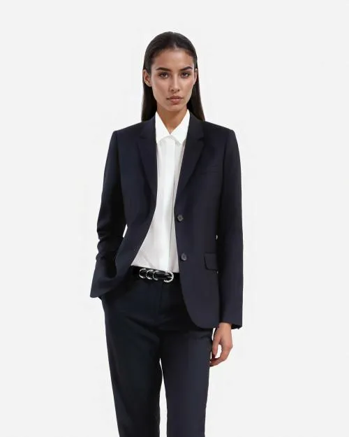 Women Tailoring The Kooples Navy Blue Wool Suit Jacket Cinched Cut Navy