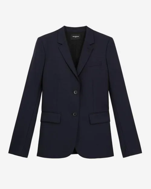 Women Tailoring The Kooples Navy Blue Wool Suit Jacket Cinched Cut Navy