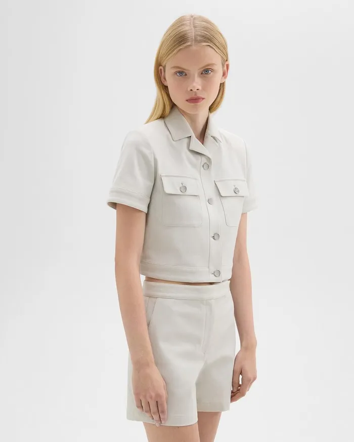 Women Theory Blazers Jackets ShortSleeve Military Shirt In Neoteric Twill Limestone