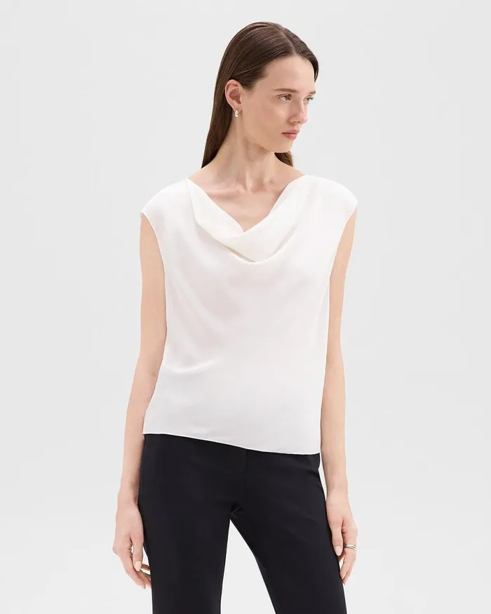 Women Theory Tops Cowl Neck Top In Silk Georgette Ivory