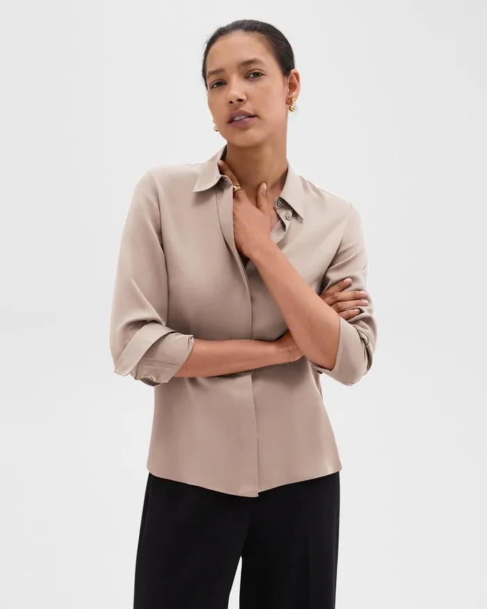 Women Theory Tops Fitted Shirt In Silk Georgette Cinder