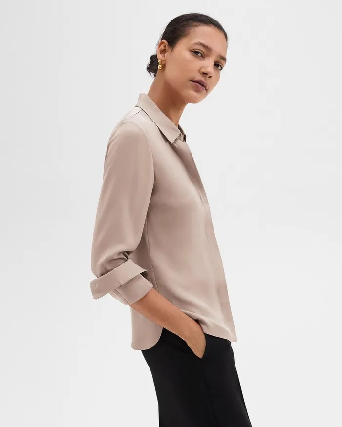 Women Theory Tops Fitted Shirt In Silk Georgette Cinder