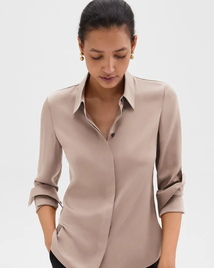Women Theory Tops Fitted Shirt In Silk Georgette Cinder