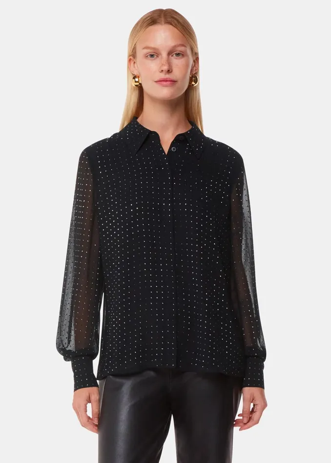 Women Tops Whistles Black Hot Fix Sheer Shirt