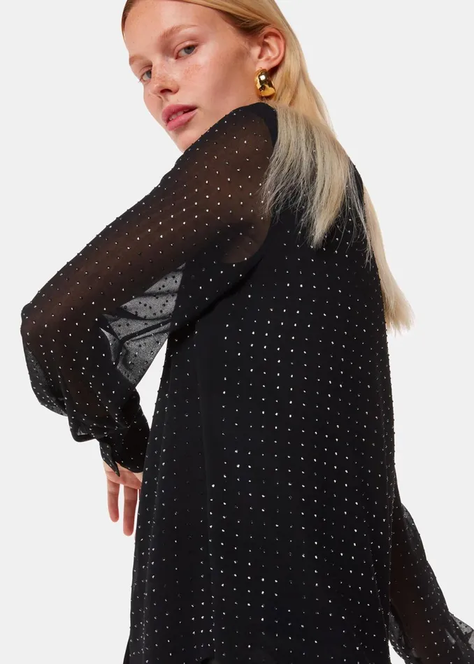 Women Tops Whistles Black Hot Fix Sheer Shirt