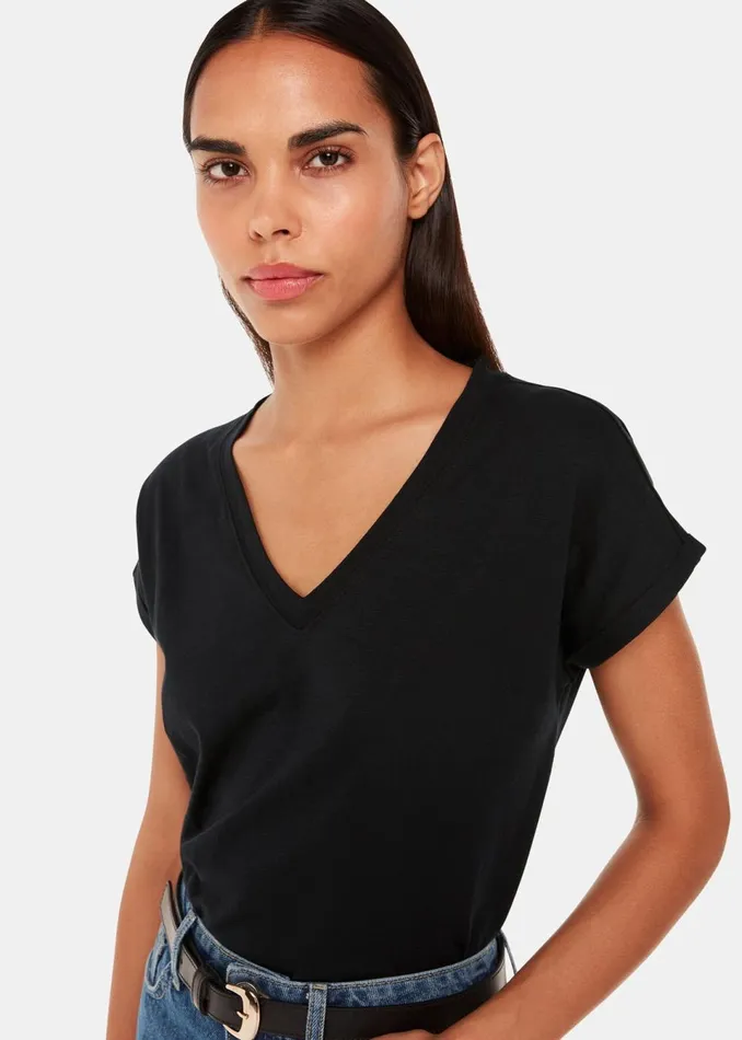 Women Tops Whistles Black Willa VNeck Cap Sleeve Tee