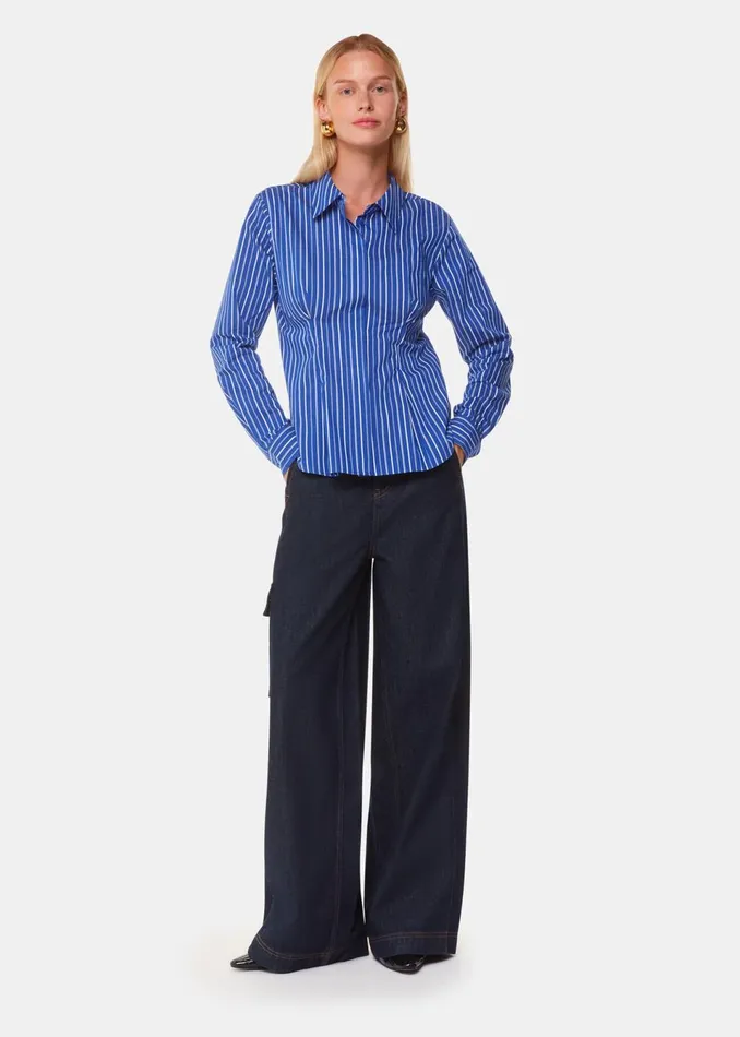 Women Tops Whistles Blue Stripe Waisted Cotton Shirt