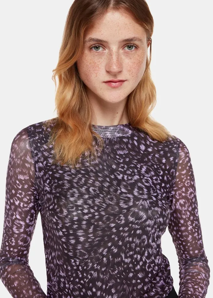 Women Tops Whistles Purple Feather Leopard Mesh Top