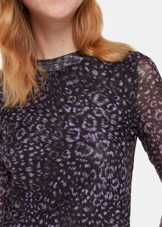 Women Tops Whistles Purple Feather Leopard Mesh Top