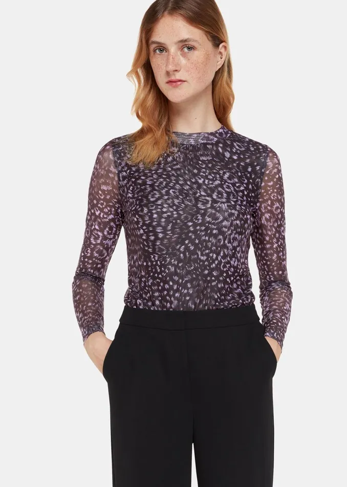 Women Tops Whistles Purple Feather Leopard Mesh Top