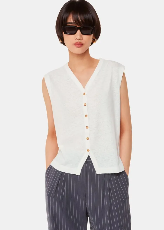 Women Tops Whistles White Linen Button Front Tank