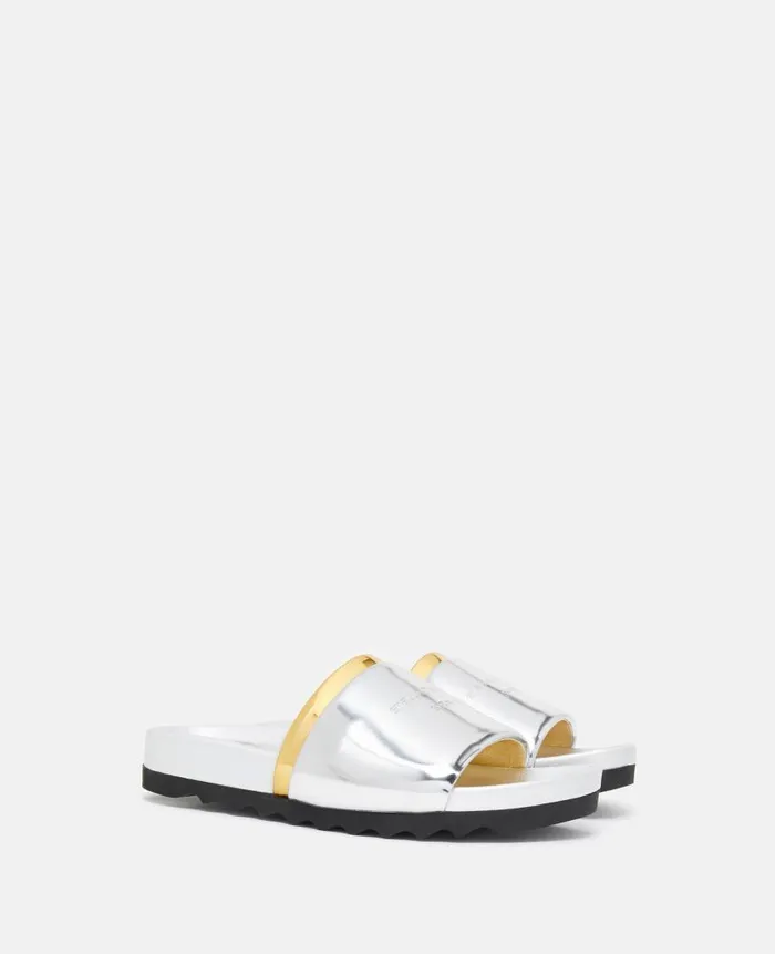 WomenUnisex Sandals Stella McCartney DoubleChromatic SlideOn Sandals Silver Gold