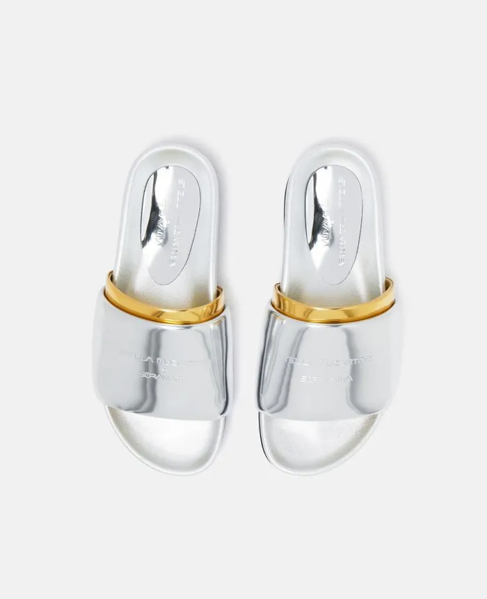 WomenUnisex Sandals Stella McCartney DoubleChromatic SlideOn Sandals Silver Gold