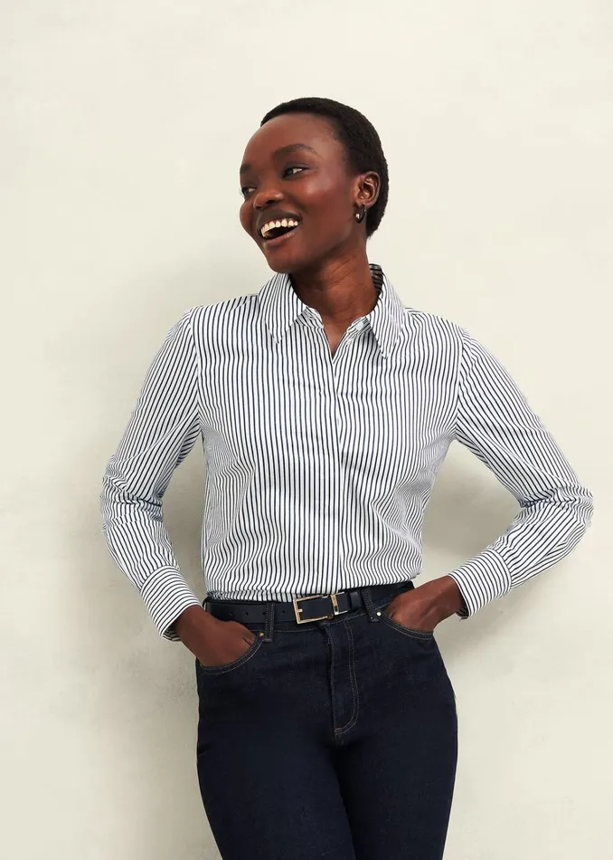 Women Victoria Cotton Blend Shirt Blue White Hobbs Tops