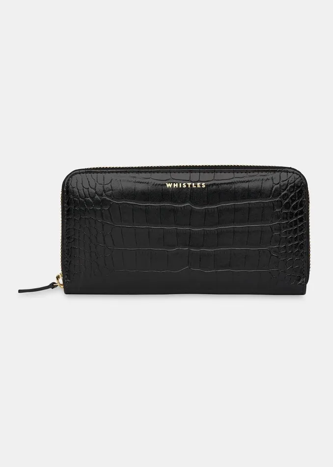 Women Wallets and Cardholders Whistles Black Shiny Croc Long Purse