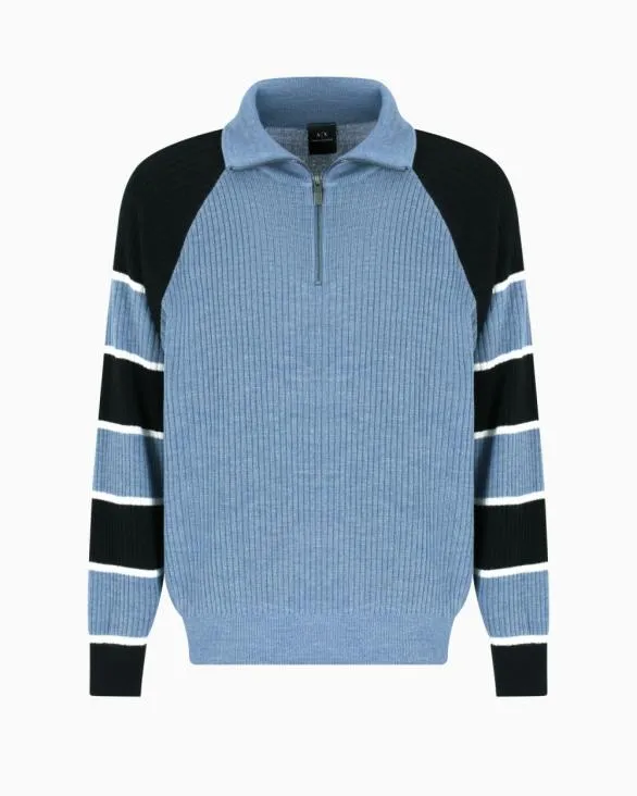 Zipup Sweater With Striped Sleeves Lightblue Men Armani Knitwear