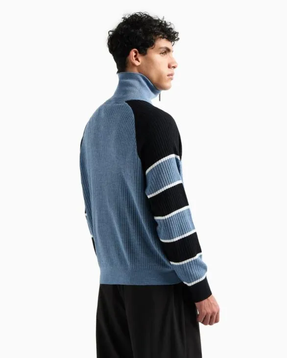 Zipup Sweater With Striped Sleeves Lightblue Men Armani Knitwear Zipup Sweater With Striped Sleeves Lightblue Men Armani Knitwear